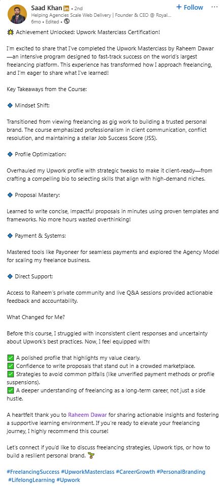 Saad Khan testimonial