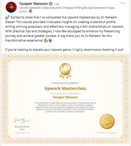 Tauqeer Mansoor testimonial